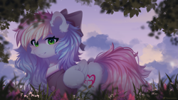 Size: 2809x1580 | Tagged: safe, artist:floweryoutoday, oc, oc only, oc:blazey sketch, pegasus, pony, bow, clothes, detailed background, female, flower, flower field, forest, green eyes, grey fur, hair bow, long hair, looking at you, mare, multicolored hair, nature, pegasus oc, solo, sweater, tree, walking