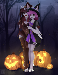 Size: 2669x3456 | Tagged: safe, artist:elektra-gertly, oc, oc only, oc:ellie berryheart, oc:riizatensely, pegasus, unicorn, anthro, autumn, black eyeshadow, broom, church, clothes, costume, duo, duo female, eyeshadow, female, fog, forest, friends, green eyes, halloween, halloween costume, hat, high res, holiday, hug, lipstick, long ears, long eyelashes, looking at you, makeup, nature, night, pumpkin, red eyes, smiling, sparks, stockings, thigh highs, tree, wings, witch, witch costume, witch hat