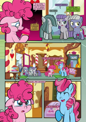 Size: 1920x2715 | Tagged: safe, artist:alexdti, cup cake, igneous rock pie, limestone pie, marble pie, maud pie, pinkie pie, earth pony, pony, comic:how we met (italian), g4, comic, eating, female, filly, filly limestone pie, filly marble pie, filly maud pie, filly pinkie pie, foal, food, italian, offscreen character, teary eyes, younger