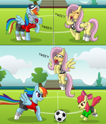 Size: 3400x4000 | Tagged: safe, artist:gameboysage, apple bloom, fluttershy, rainbow dash, earth pony, pegasus, pony, g4, 3 panel comic, adorabloom, blowershy, blowing whistle, clothes, coach rainbow dash, coaching cap, comic, commission, cute, dashabetes, female, filly, foal, football, football jersey, implied flutterdash, implied lesbian, implied shipping, indirect kiss, legs together, lucky girl, mare, mouth hold, rainblow dash, rainbow dashs coaching whistle, red face, referee, referee fluttershy, shyabetes, socks, sports, spread wings, that pony sure does love whistles, trio, trio female, whistle, whistle necklace, wing hold, wings