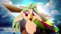 Size: 3840x2160 | Tagged: safe, artist:zidanemina, captain celaeno, avian, bird, ornithian, parrot, anthro, g4, my little pony: the movie, alternate design, blue sky, cloud, high res, lens flare, looking at you, pirate, pirate ship, scar, smiling, solo, wallpaper