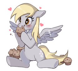 Size: 772x703 | Tagged: safe, artist:hosikawa, derpy hooves, pegasus, pony, g4, belly, cute, derpabetes, eating, female, floppy ears, food, heart, heart eyes, herbivore, hoof hold, mare, muffin, nom, simple background, sitting, solo, spread wings, that pony sure does love muffins, white background, wingding eyes, wings