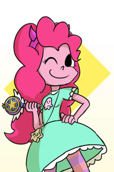 Size: 750x1125 | Tagged: safe, artist:umbraamethyst, pinkie pie, equestria girls, g4, clothes, cosplay, costume, one eye closed, solo, star vs the forces of evil, wink