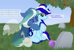 Size: 5255x3585 | Tagged: safe, artist:feather_bloom, oc, oc:ice storm, oc:mist weaver, alicorn, ghost, ghost pony, pony, undead, unicorn, angelic wings, bittersweet, commission, detailed background, female, floating wings, flower, gravestone, mother and child, mother and daughter, text, tree, wings
