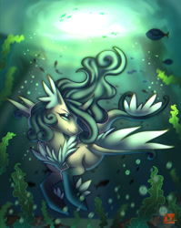 Size: 1280x1611 | Tagged: safe, artist:rail-of-light, oc, oc only, fish, seapony (g4), g4, bubble, coral, crepuscular rays, digital art, dorsal fin, eyeshadow, female, fin, fin wings, fins, fish tail, flowing mane, flowing tail, horn, lidded eyes, logo, looking at you, makeup, mare, ocean, seapony oc, seaweed, signature, smiling, smiling at you, solo, spread wings, sunlight, swimming, tail, underwater, water, wings