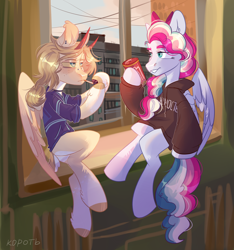 Size: 3000x3200 | Tagged: safe, artist:k0potb, oc, oc only, oc:k0potb, oc:sky sorbet, pegasus, pony, blonde, blonde hair, blonde mane, blue eyes, bow, cigarette, city, clothes, cloud, drink, duo, duo female, energy drink, female, full body, hair bow, high res, hoodie, horns, looking at something, monster energy, multicolored hair, multicolored mane, pegasus oc, piercing, roof, spread wings, window, wings