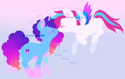 Size: 1838x1167 | Tagged: safe, artist:nyctophilist, derpibooru exclusive, misty brightdawn, zipp storm, pegasus, pony, unicorn, g5, blue coat, blushing, cornrows, duo, duo female, female, flying, gradient background, happy, in love, lesbian, lyrics, nose to nose, pink mane, purple mane, ship:dawnstorm, shipping, smiling, spread wings, text, white coat, wings