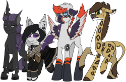 Size: 3268x2118 | Tagged: safe, artist:brainiac, oc, oc:bishop, oc:ebony inks, oc:facsimile, oc:nighteyes, bat pony, changeling, giraffe, pegasus, pony, 2024 community collab, derpibooru community collaboration, changeling king, clothes, female, flight suit, group, high res, horn, male, mare, purple changeling, rubber, simple background, stallion, stretchy, transparent background, wings