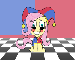 Size: 1280x1024 | Tagged: safe, artist:mlp-vs-capcom, fluttershy, pegasus, pony, g4, blush sticker, blushing, checkered floor, clothes, costume, crossover, female, grin, hat, jester, jester hat, jester outfit, mare, nervous, nervous smile, pomni, sitting, smiling, solo, the amazing digital circus