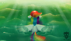 Size: 3500x2000 | Tagged: safe, artist:valemjj, rainbow dash, pegasus, pony, g4, bubble, female, flowing mane, flowing tail, high res, mare, ocean, solo, spread wings, sunlight, swimming, tail, water, wet, wings