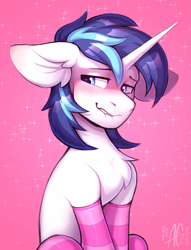 Size: 1611x2111 | Tagged: safe, artist:argigen, shining armor, pony, unicorn, g4, big ears, chest fluff, closed mouth, clothes, ear fluff, femboy, lidded eyes, lip bite, male, no eyelashes, shining femboy armor, shy, sketch, socks, solo, stallion, stockings, striped socks, teeth, thigh highs, white sclera