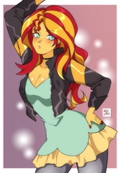 Size: 1494x2160 | Tagged: safe, artist:dezmi, sunset shimmer, equestria girls, g4, breasts, busty sunset shimmer, choker, cleavage, ear piercing, female, hand on hip, looking at you, piercing, solo