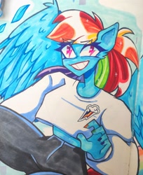 Size: 1045x1280 | Tagged: safe, artist:toaster-monster, rainbow dash, pegasus, anthro, g4, ambiguous facial structure, clothes, ear fluff, feather, female, grin, mare, nail polish, pants, short shirt, simple background, smiling, solo, sparkly mane, traditional art, wingding eyes
