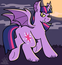Size: 1211x1280 | Tagged: safe, artist:catponything, twilight sparkle, alicorn, bat pony, bat pony alicorn, pony, g4, bat ponified, bat wings, butt, cloud, colored sclera, fangs, female, grass, horn, looking at you, looking back, looking back at you, mare, moon, night, outdoors, plot, race swap, raised hoof, raised leg, rear view, signature, slit pupils, smiling, solo, spread wings, standing on two hooves, tail, twibat, underhoof, wings, ych example, yellow sclera, your character here