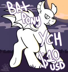 Size: 1211x1280 | Tagged: safe, artist:catponything, bat pony, pony, butt, cloud, commission, fangs, grass, looking at you, looking back, looking back at you, moon, night, outdoors, plot, raised hoof, raised leg, rear view, signature, slit pupils, smiling, solo, spread wings, standing on two hooves, text, underhoof, wings, your character here