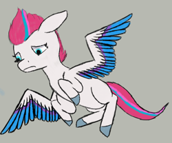 Size: 1890x1575 | Tagged: safe, anonymous artist, derpibooru exclusive, zipp storm, pegasus, pony, g5, colored sketch, ears back, flying, looking down, simple background, sketch, solo, spread wings, wings, worried