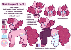 Size: 1280x899 | Tagged: safe, artist:catponything, pinkie pie, oc, oc:sprinkle pie, earth pony, pony, g4, bell, bell collar, clone, clothes, collar, eyeshadow, facial hair, fangs, food, goatee, hoodie, kinsona, makeup, male, nose piercing, open mouth, open smile, piercing, pinkie clone, ponysona, raised hoof, reference sheet, septum piercing, simple background, smiling, socks, solo, sprinkles, stallion, striped socks, tail, tongue out, trans male, transgender, unshorn fetlocks, white background