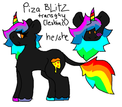 Size: 857x754 | Tagged: safe, artist:jackrabbit, oc, oc only, oc:piza blitz, pony, unicorn, feral, food, hooves, name, pizza, pronouns, rainbow, simple background, solo, solo transgender, tail, transgender, white background