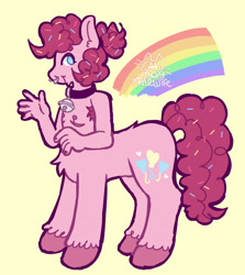 Size: 1142x1280 | Tagged: safe, artist:catponything, pinkie pie, oc, oc:sprinkle pie, centaur, earth pony, pony, taur, g4, armpit hair, bell, bell collar, clone, collar, food, kinsona, looking at you, male, nipples, nose piercing, nudity, piercing, pinkie clone, rainbow, raised hand, scar, septum piercing, signature, smiling, solo, sprinkles, stallion, surgery scar, tail, top scars, trans male, transgender, unshorn fetlocks, waving, waving at you