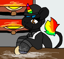 Size: 528x490 | Tagged: safe, artist:jackrabbit, oc, oc:piza blitz, pony, clothes, cooking, dough, eyelashes, feral, food, gloves, kneading, oven, pizza, smiling, solo, solo transgender