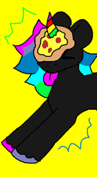 Size: 406x742 | Tagged: safe, artist:jackrabbit, oc, oc:piza blitz, pony, unicorn, :p, feral, food, hooves, ms paint, pizza, rainbow, simple background, solo, tongue out, yellow background