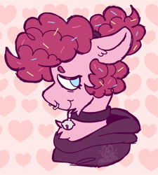 Size: 1151x1280 | Tagged: safe, artist:catponything, pinkie pie, oc, oc:sprinkle pie, earth pony, pony, g4, bell, bell collar, bust, chest fluff, clone, collar, floppy ears, food, heart, heart background, kinsona, looking back, male, nose piercing, piercing, pinkie clone, portrait, self portrait, septum piercing, sketch, smiling, solo, sprinkles, stallion, trans male, transgender