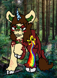 Size: 467x634 | Tagged: safe, artist:jackrabbit, oc, oc only, pony, unicorn, blushing, feral, forest, forest background, hooves, nature, paw pads, rainbow, real life background, scar, solo, tree, walking