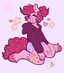 Size: 1122x1280 | Tagged: safe, artist:catponything, pinkie pie, oc, oc:sprinkle pie, earth pony, anthro, unguligrade anthro, g4, bandaid, bandaid on nose, chest fluff, clone, clothes, eyeshadow, facial hair, floating heart, food, goatee, heart, hoodie, kinsona, lidded eyes, looking at you, makeup, male, nose piercing, piercing, pinkie clone, septum piercing, shorts, signature, simple background, sitting, smiling, smiling at you, solo, sprinkles, stallion, stars, sticker, tail, trans male, transgender