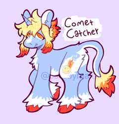 Size: 1228x1280 | Tagged: safe, artist:catponything, oc, oc only, oc:comet catcher, classical unicorn, pony, unicorn, adoptable, butt fluff, chest fluff, cloven hooves, colored hooves, fangs, freckles, horn, leonine tail, looking at you, purple background, raised hoof, signature, simple background, smiling, solo, tail, unshorn fetlocks