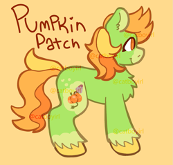 Size: 1045x1000 | Tagged: safe, artist:catponything, oc, oc only, oc:pumpkin patch, pony, adoptable, chest fluff, orange background, signature, simple background, smiling, solo, tail, unshorn fetlocks, watermark