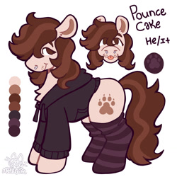 Size: 1280x1280 | Tagged: safe, alternate version, artist:catponything, oc, oc only, oc:pounce, earth pony, pony, chest fluff, clothes, hoodie, male, nose piercing, paw socks, piercing, ponysona, reference sheet, septum piercing, simple background, smiling, socks, solo, stallion, striped socks, tail, tongue out, trans male, transgender, white background