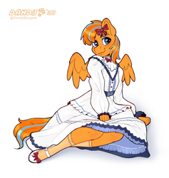 Size: 2719x2866 | Tagged: safe, artist:dandy, oc, oc only, oc:cold front, pegasus, anthro, unguligrade anthro, blushing, bow, clothes, commission, crossdressing, dress, ear fluff, femboy, high res, lolita fashion, looking at you, male, pegasus oc, shoes, simple background, sitting, socks, solo, white background, wings