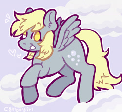 Size: 1280x1166 | Tagged: safe, artist:catponything, derpy hooves, pegasus, pony, g4, cloud, female, floating heart, heart, mare, on a cloud, open mouth, open smile, signature, sky, smiling, solo, spread wings, tail, wings