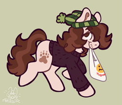 Size: 1949x1676 | Tagged: safe, artist:catponything, oc, oc only, oc:pounce, earth pony, pony, bag, clothes, green background, hat, lidded eyes, male, mouth hold, ponysona, raised hoof, raised leg, simple background, smiling, solo, stallion, standing on two hooves, sweater, tail, trans male, transgender, winter hat