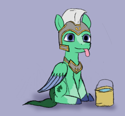 Size: 1890x1757 | Tagged: safe, anonymous artist, thunder flap, pegasus, pony, g5, bucket of water, colored sketch, helmet, male, pegasus royal guard, royal guard, sitting, sketch, solo, stallion, tongue out