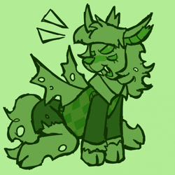 Size: 1919x1919 | Tagged: safe, artist:catponything, oc, oc only, oc:noelle, changeling, clothes, cloven hooves, commission, fangs, female, green background, horn, monochrome, multiple eyes, open mouth, open smile, simple background, sitting, sketch, smiling, solo, spread wings, wings