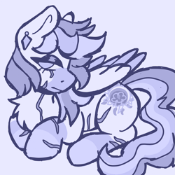 Size: 1919x1919 | Tagged: safe, artist:catponything, oc, oc only, oc:sunlight, pegasus, pony, blue background, chest fluff, commission, ear piercing, earring, eyeshadow, female, jewelry, lidded eyes, makeup, mare, monochrome, pegasus oc, piercing, scar, simple background, sketch, solo, tail, trans female, transgender