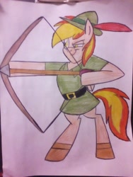 Size: 1920x2560 | Tagged: safe, oc, oc:firey ratchet, pegasus, pony, arrow, bipedal, bow (weapon), bow and arrow, bycocket, clothes, colored sketch, cosplay, costume, disney, drawing, hat, male, robin hood, sketch, stallion, weapon