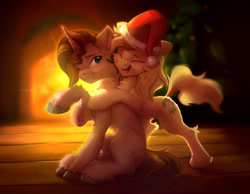 Size: 2847x2204 | Tagged: safe, artist:itssim, oc, oc only, oc:cobbler, oc:hayflower, earth pony, pony, unicorn, blurry background, brother and sister, chest fluff, christmas, christmas tree, commission, cute, duo, duo male and female, earth pony oc, eyebrows, eyes closed, female, fireplace, fluffy, hat, high res, holiday, horn, hug, indoors, leg fluff, male, mare, ocbetes, one eye closed, open mouth, open smile, santa hat, siblings, sitting, smiling, stallion, tree, unicorn oc, unshorn fetlocks