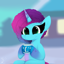 Size: 3000x3000 | Tagged: safe, artist:daftramms, misty brightdawn, pony, unicorn, g5, my little pony: make your mark, my little pony: make your mark chapter 6, secrets of starlight, spoiler:g5, spoiler:my little pony: make your mark, chocolate, cute, female, food, freckles, high res, hot chocolate, mare, mistybetes, rebirth misty, sitting, smiling