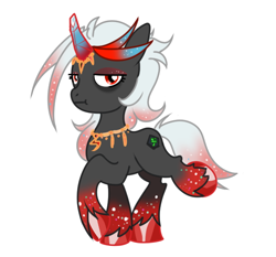 Size: 600x559 | Tagged: safe, artist:thurder2020, oc, oc only, oc:deadleaf, auroricorn, pony, unicorn, bags under eyes, colored hooves, eyeshadow, fake horn, gradient horn, gradient legs, gradient mane, gradient tail, hoof polish, horn, jewelry, lidded eyes, makeup, necklace, red eyes, simple background, solo, sparkly mane, sparkly tail, tail, unamused, unshorn fetlocks, walking, white background