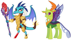 Size: 828x467 | Tagged: safe, artist:death-driver-5000, artist:legoshi42, princess ember, thorax, changedling, changeling, dragon, fallout equestria, g4, armor, dragoness, duo, duo male and female, female, golden armor, king thorax, male, scar, simple background, story included, white background