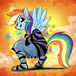 Size: 1650x1650 | Tagged: safe, artist:scottyartz, rainbow dash, pegasus, anthro, g4, breasts, cleavage, clothes, ear piercing, earring, fishnet stockings, jewelry, large butt, looking at you, piercing, sandals, shirt, smiling, smiling at you, socks with sandals, solo, striped shirt, wide hips