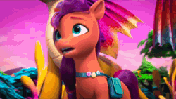 Size: 1920x1082 | Tagged: safe, screencap, blaize skysong, fountain (g5), leaf (g5), luxxe, sunny starscout, tumble (g5), dragon, earth pony, pony, g5, my little pony: make your mark, my little pony: make your mark chapter 6, the isle of scaly, spoiler:g5, spoiler:my little pony: make your mark, spoiler:my little pony: make your mark chapter 6, spoiler:mymc06e01, animated, female, glowing cutie mark, inspiration, mare, skeptical, sound, speech, talking, the isle of scaly (location), unsure, webm