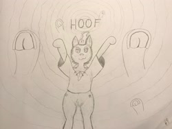 Size: 3518x2646 | Tagged: safe, artist:atomgatherer, oc, oc only, oc:atomtehtraveller, pony, :3, bipedal, caption, fetish, frog (hoof), hat, high res, hoof fetish, hoof worship, hooves, hypno eyes, hypnosis, image macro, monochrome, no tail, pubic fluff, solo, text, traditional art, underhoof