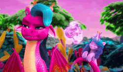 Size: 1256x740 | Tagged: safe, screencap, blaize skysong, izzy moonbow, dragon, pony, unicorn, g5, my little pony: make your mark, my little pony: make your mark chapter 6, the isle of scaly, spoiler:g5, spoiler:my little pony: make your mark, spoiler:my little pony: make your mark chapter 6, spoiler:mymc06e01, animated, blinking, bracelet, cheering, cute, gif, happy, izzybetes, jewelry, jumping, magic, tail, tail whip, telekinesis, the isle of scaly (location), unamused