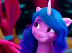 Size: 402x296 | Tagged: safe, screencap, izzy moonbow, pony, unicorn, g5, my little pony: make your mark, my little pony: make your mark chapter 6, the isle of scaly, spoiler:g5, spoiler:my little pony: make your mark, spoiler:my little pony: make your mark chapter 6, spoiler:mymc06e01, animated, blurry, cropped, gif, giggling, smiling, solo, the isle of scaly (location)