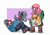 Size: 839x595 | Tagged: safe, artist:punkittdev, fluttershy, rainbow dash, cat, human, g4, backpack, clothes, dark skin, duo, duo female, emanata, female, gritted teeth, holding a cat, humanized, jacket, open mouth, pet carrier, plewds, simple background, struggling, sweater, tan skin, teeth, white background