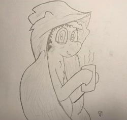 Size: 3158x2970 | Tagged: safe, artist:atomgatherer, oc, oc only, oc:atomtehtraveller, earth pony, pony, chest fluff, cloak, clothes, coffee mug, habit, hat, high res, looking at you, monochrome, mug, solo, traditional art
