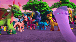 Size: 1920x1080 | Tagged: safe, screencap, blaize skysong, fountain (g5), izzy moonbow, leaf (g5), luxxe, misty brightdawn, pipp petals, sunny starscout, tumble (g5), dragon, earth pony, pegasus, pony, unicorn, g5, my little pony: make your mark, my little pony: make your mark chapter 6, the isle of scaly, spoiler:g5, spoiler:my little pony: make your mark, spoiler:my little pony: make your mark chapter 6, spoiler:mymc06e01, animated, electronics, female, mare, marestream, raised hoof, rebirth misty, sound, the isle of scaly (location), webm, wi-fi
